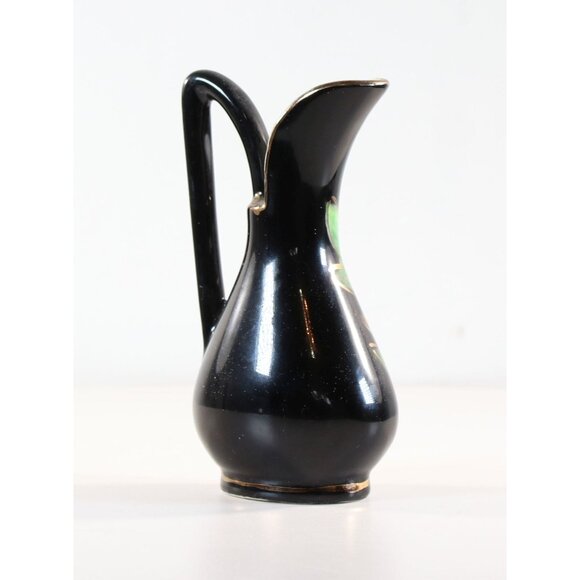 Small Black Vase With Florial Pattern 24K Gold Trim 1950s - Picture 4 of 10